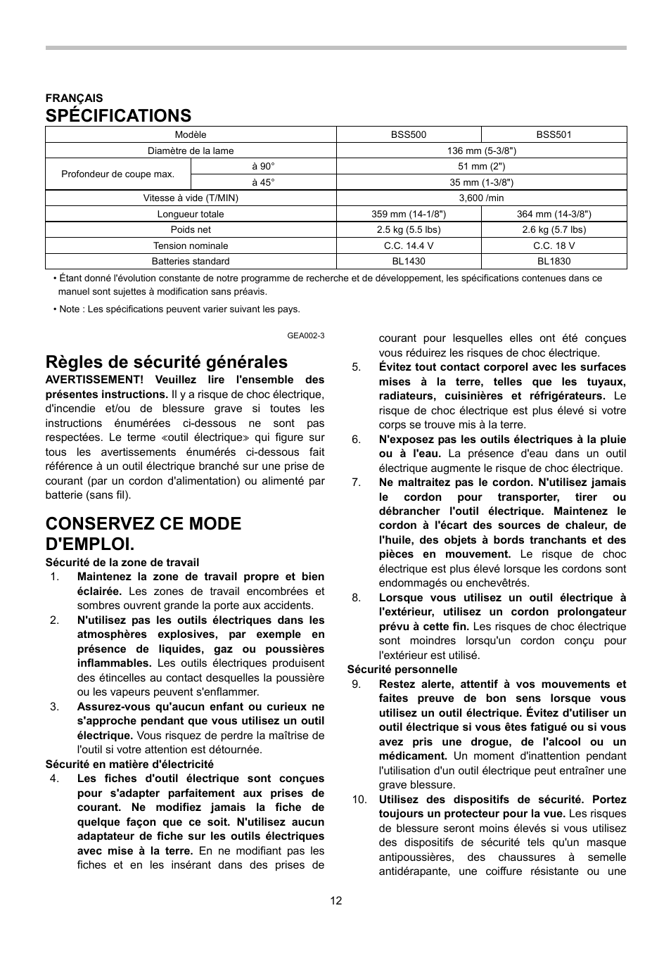 Spécifications, Règles de sécurité générales, Conservez ce mode d'emploi | Makita BSS500 User Manual | Page 12 / 36