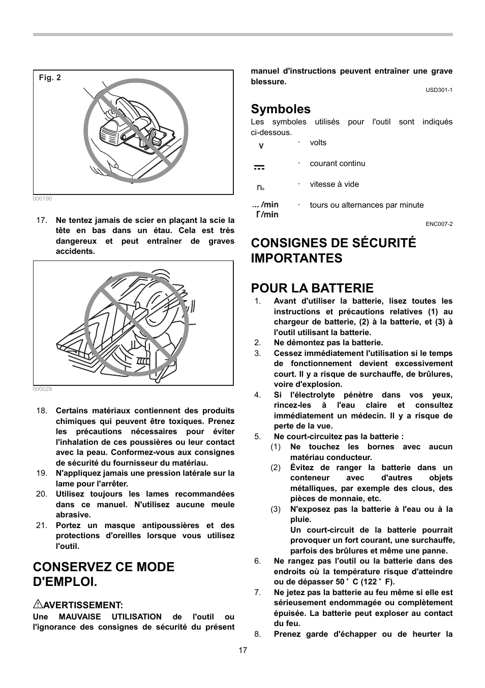 Conservez ce mode d'emploi, Symboles, Consignes de sécurité importantes | Pour la batterie | Makita BSS500 User Manual | Page 17 / 36