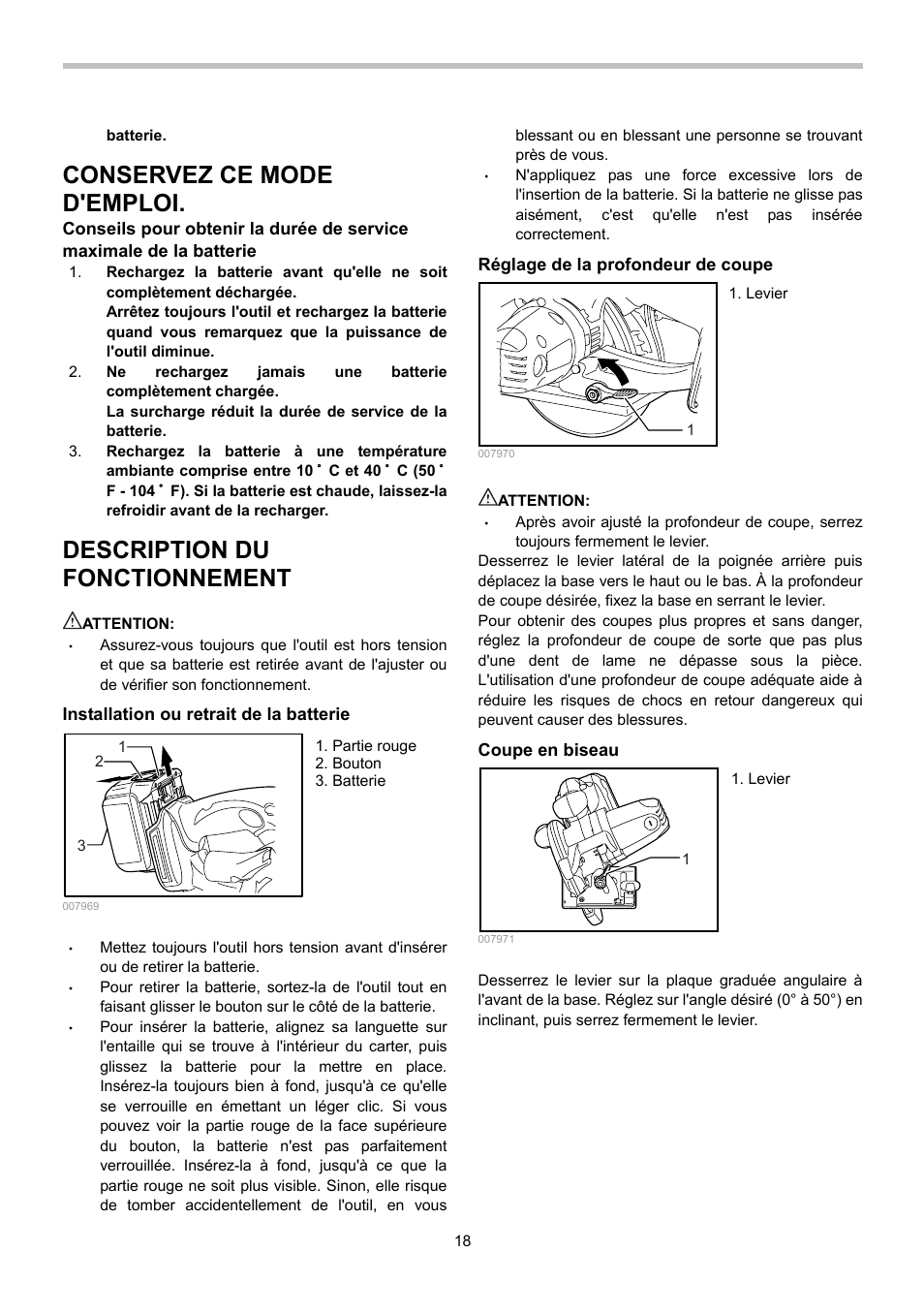 Conservez ce mode d'emploi, Description du fonctionnement | Makita BSS500 User Manual | Page 18 / 36