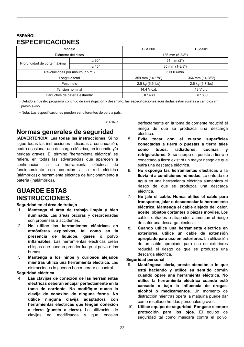 Especificaciones, Normas generales de seguridad, Guarde estas instrucciones | Makita BSS500 User Manual | Page 23 / 36