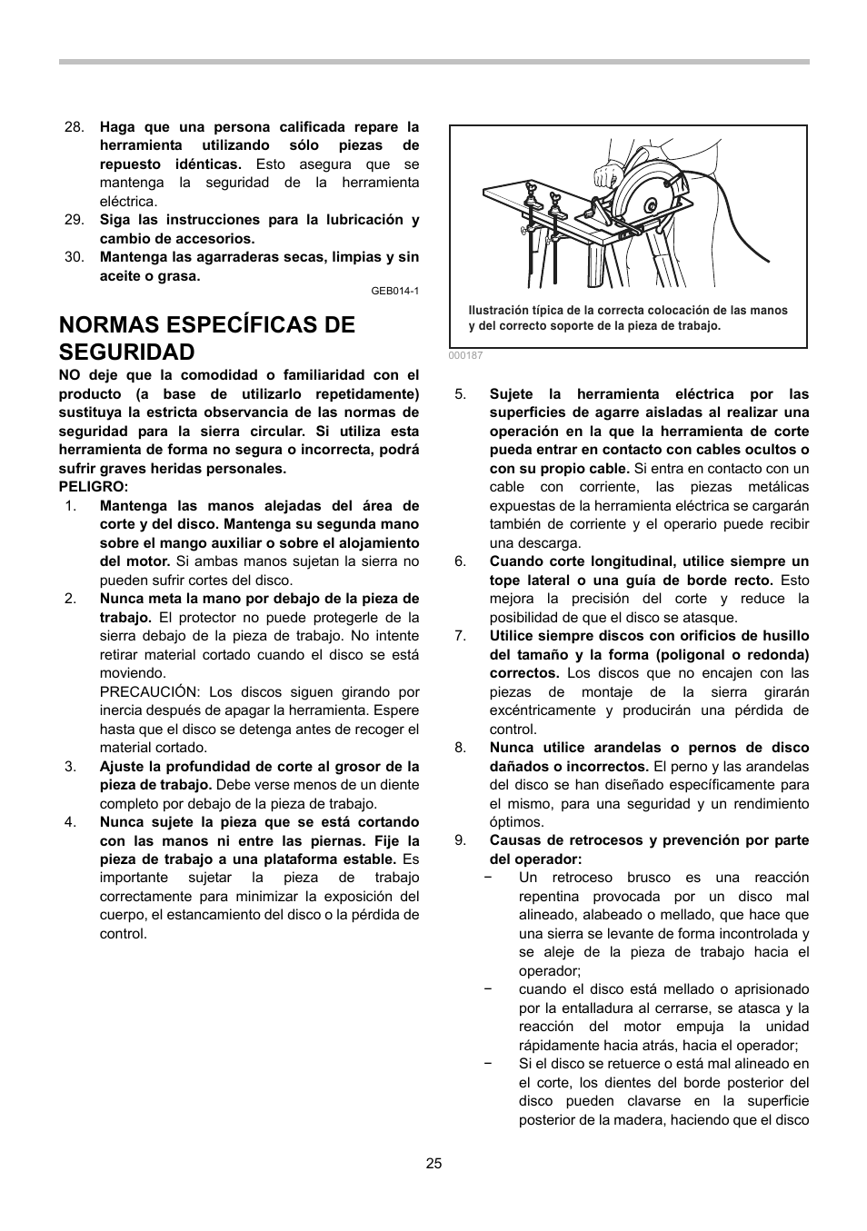 Normas específicas de seguridad | Makita BSS500 User Manual | Page 25 / 36