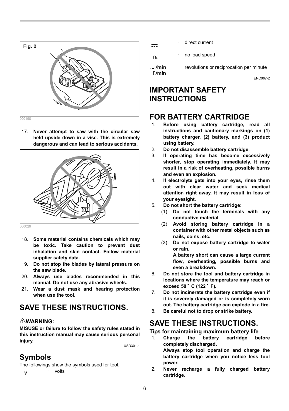 Save these instructions, Symbols, Important safety instructions | For battery cartridge | Makita BSS500 User Manual | Page 6 / 36