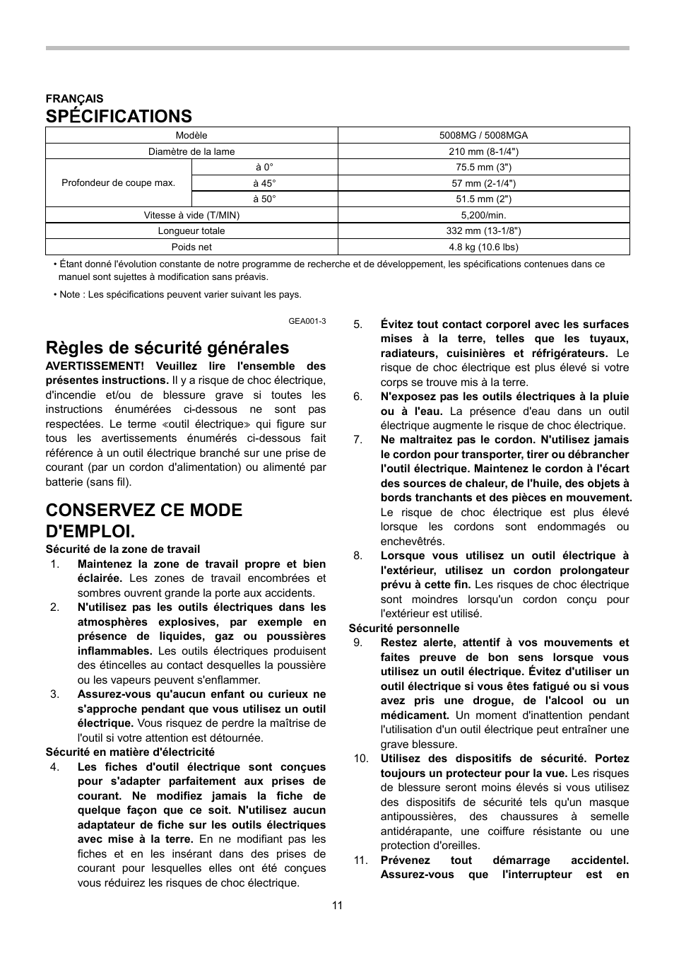 Sp é cifications, Conservez ce mode d'emploi | Makita 5008MGA User Manual | Page 11 / 32