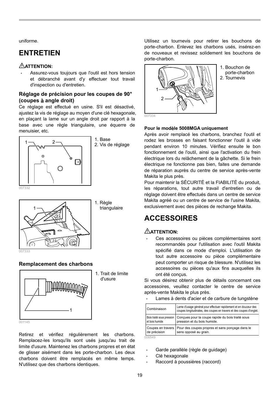 Entretien, Accessoires | Makita 5008MGA User Manual | Page 19 / 32