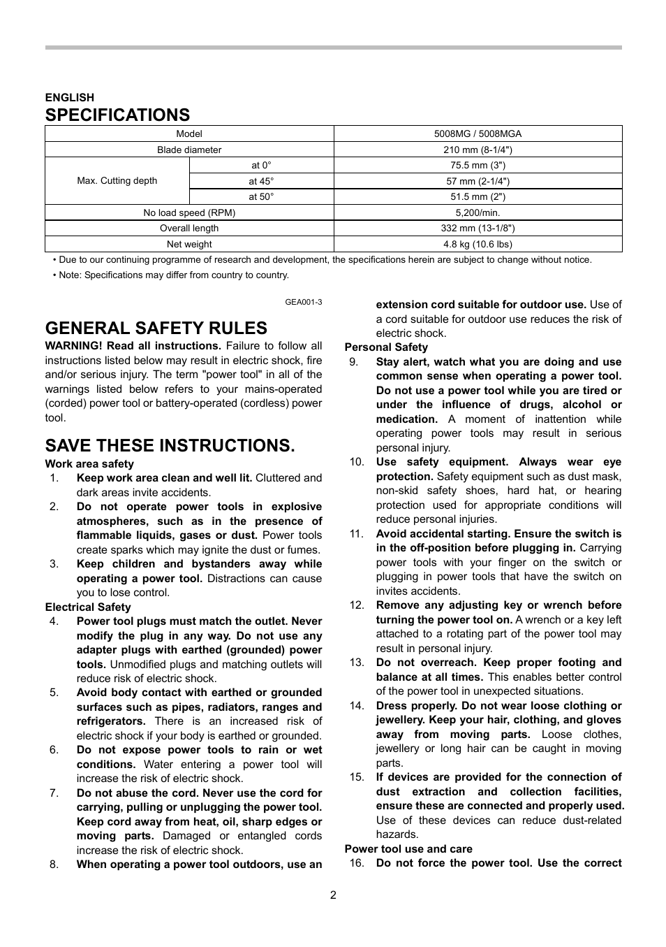 Specifications, General safety rules, Save these instructions | Makita 5008MGA User Manual | Page 2 / 32