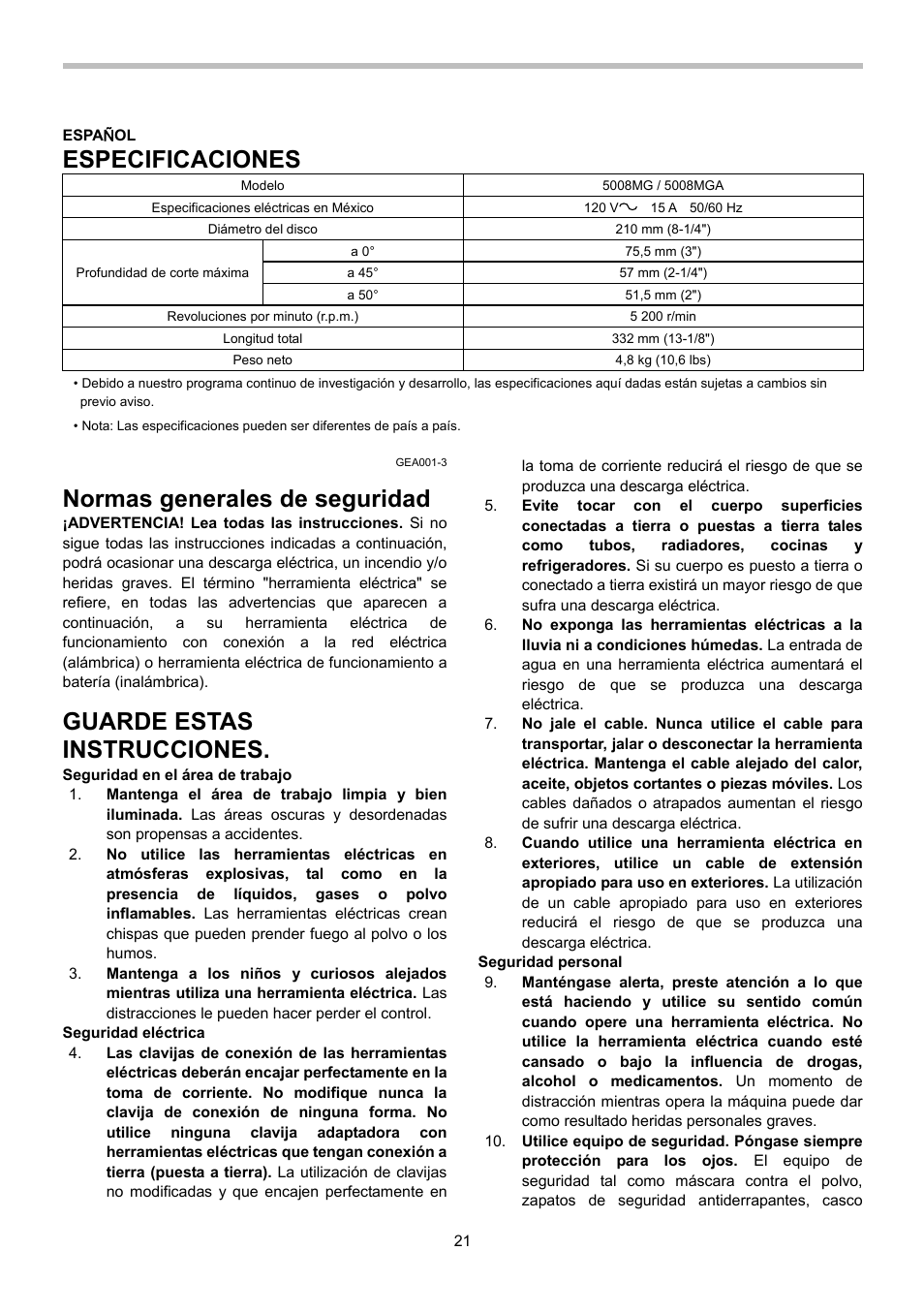 Especificaciones, Normas generales de seguridad, Guarde estas instrucciones | Makita 5008MGA User Manual | Page 21 / 32