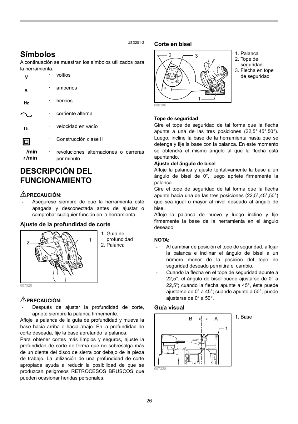 Sí mbolos, Descripci ó n del funcionamiento | Makita 5008MGA User Manual | Page 26 / 32