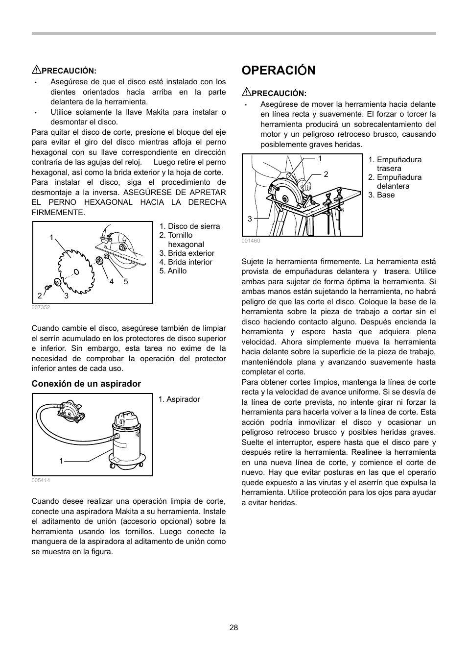 Operaci ó n | Makita 5008MGA User Manual | Page 28 / 32