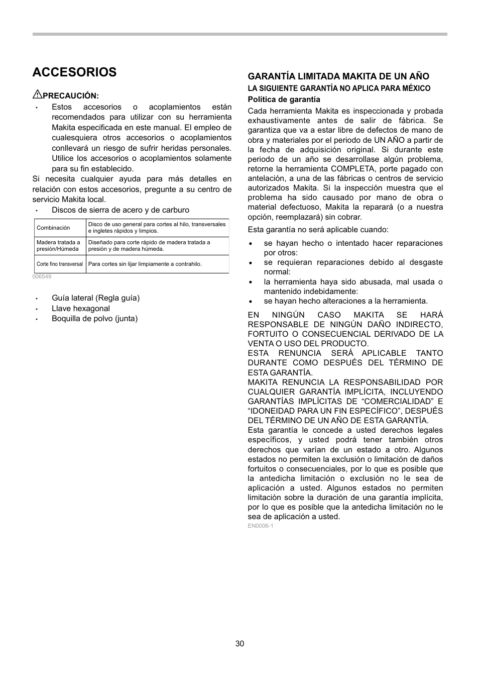 Accesorios, Garantía limitada makita de un año | Makita 5008MGA User Manual | Page 30 / 32