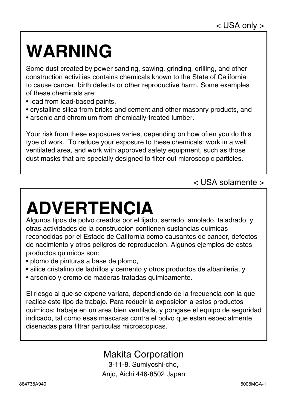 Warning, Advertencia, Makita corporation | Makita 5008MGA User Manual | Page 32 / 32