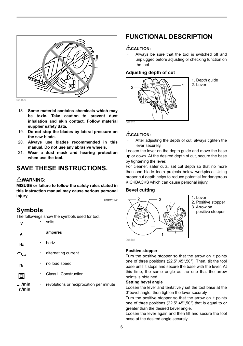 Save these instructions, Symbols, Functional description | Makita 5008MGA User Manual | Page 6 / 32