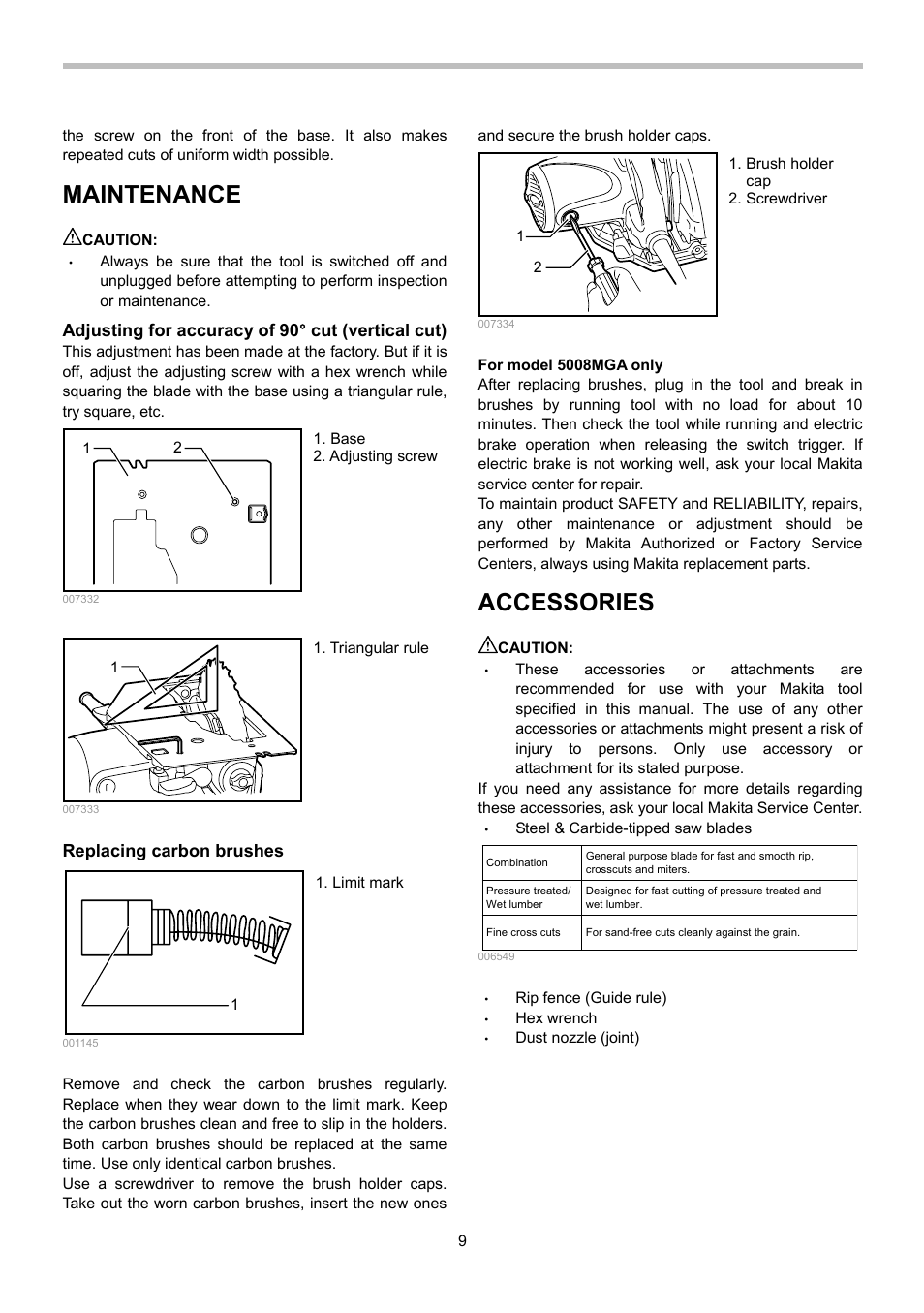 Maintenance, Accessories | Makita 5008MGA User Manual | Page 9 / 32