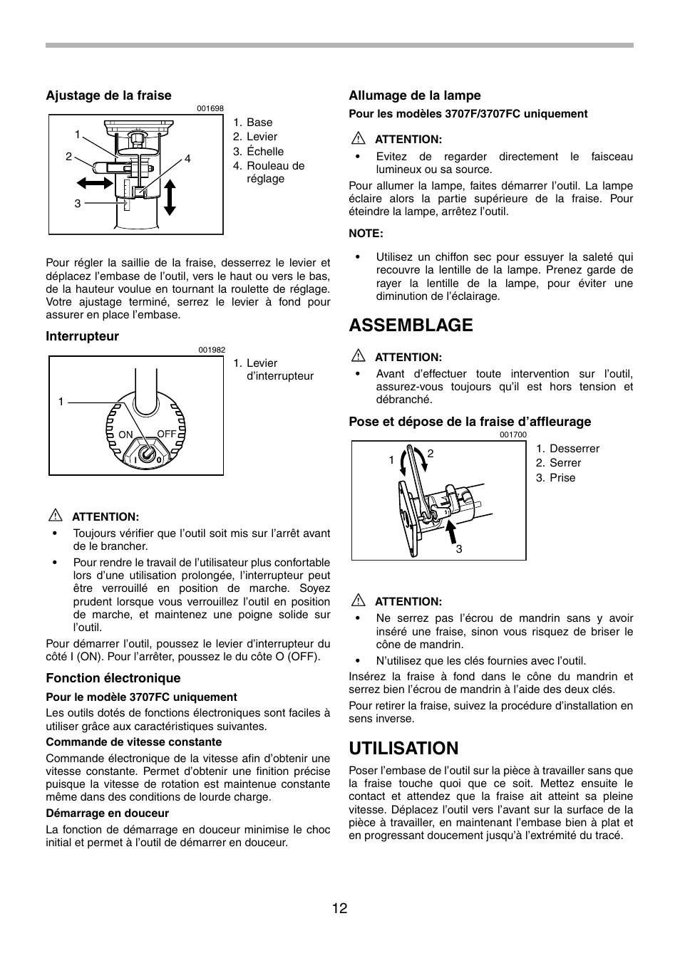 Assemblage, Utilisation | Makita 3707F User Manual | Page 12 / 28