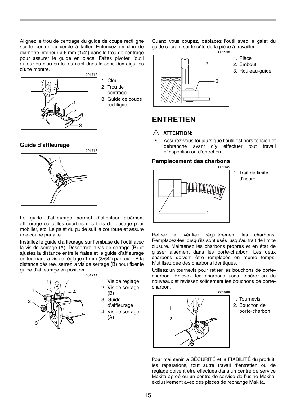 Entretien | Makita 3707F User Manual | Page 15 / 28