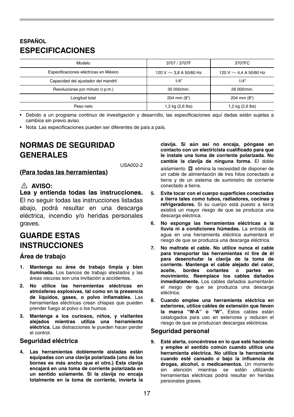 Especificaciones, Normas de seguridad generales, Guarde estas instrucciones | Área de trabajo, Seguridad eléctrica, Seguridad personal | Makita 3707F User Manual | Page 17 / 28