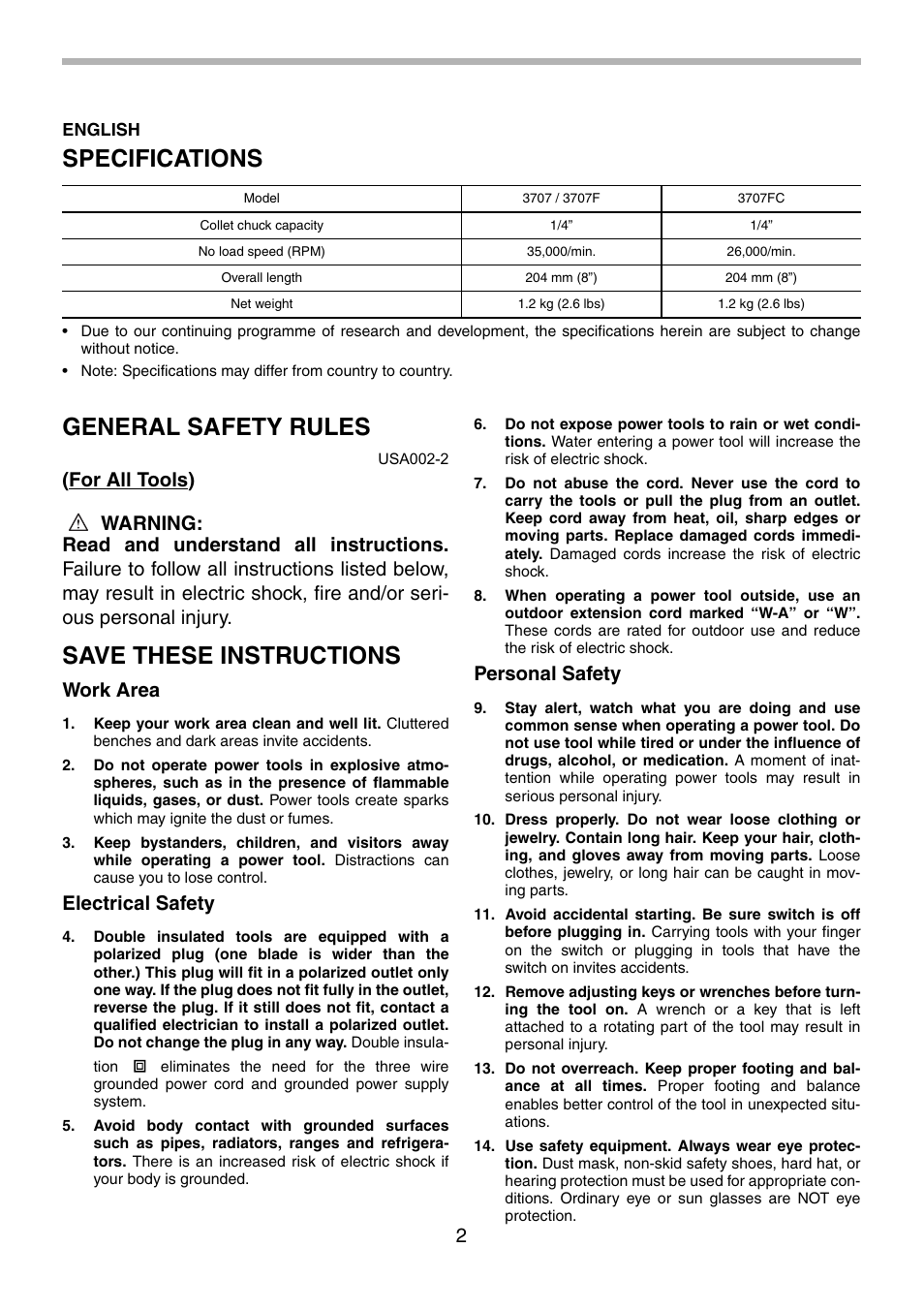 Specifications, General safety rules, Save these instructions | Work area, Electrical safety, Personal safety | Makita 3707F User Manual | Page 2 / 28