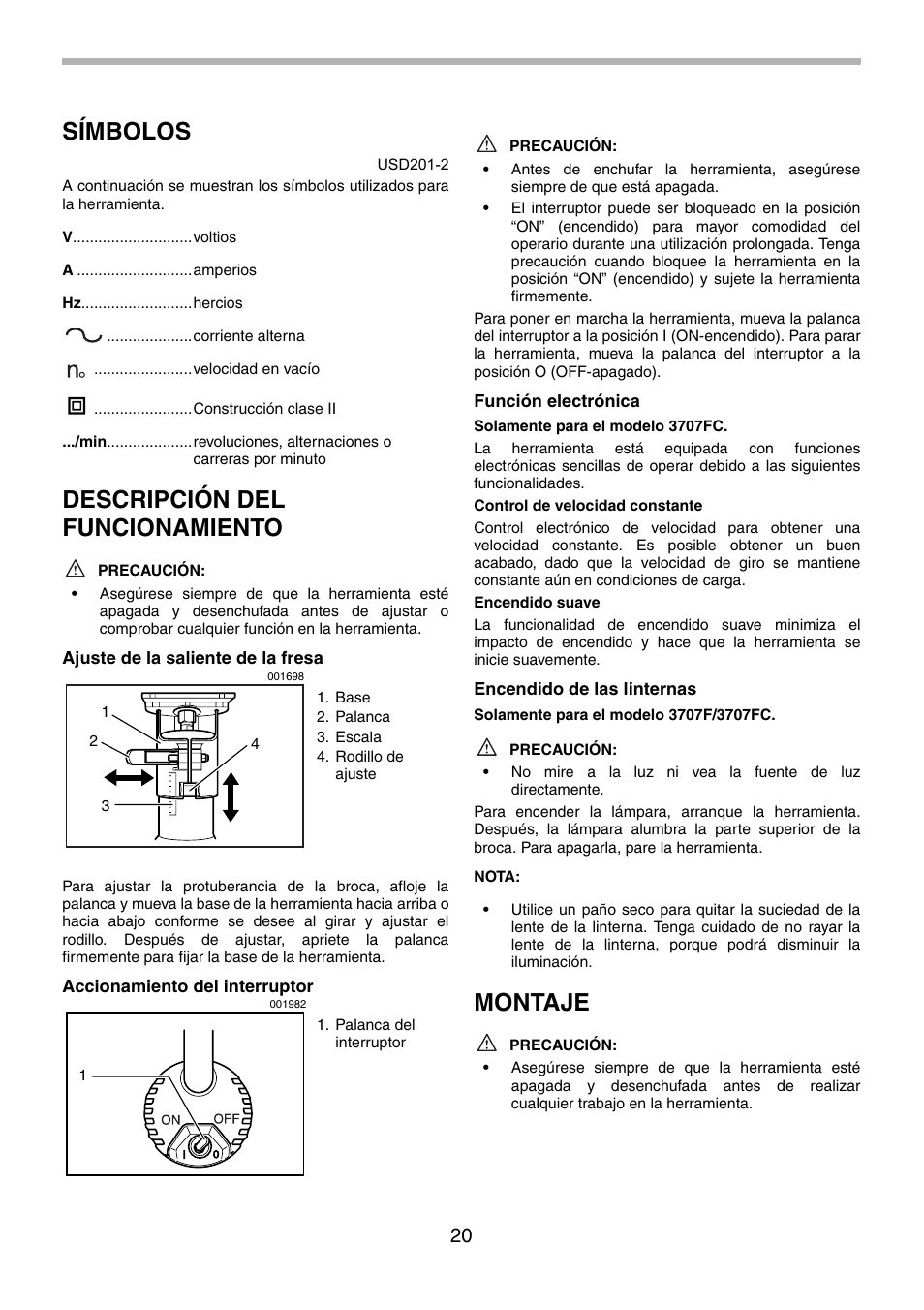 Símbolos, Descripción del funcionamiento, Montaje | Makita 3707F User Manual | Page 20 / 28