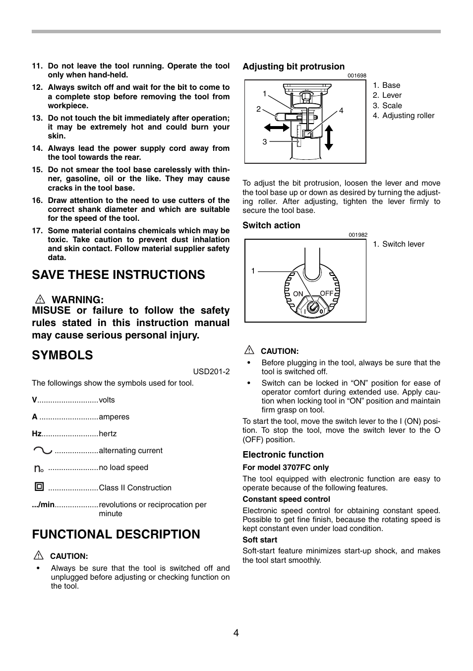 Save these instructions, Symbols, Functional description | Makita 3707F User Manual | Page 4 / 28