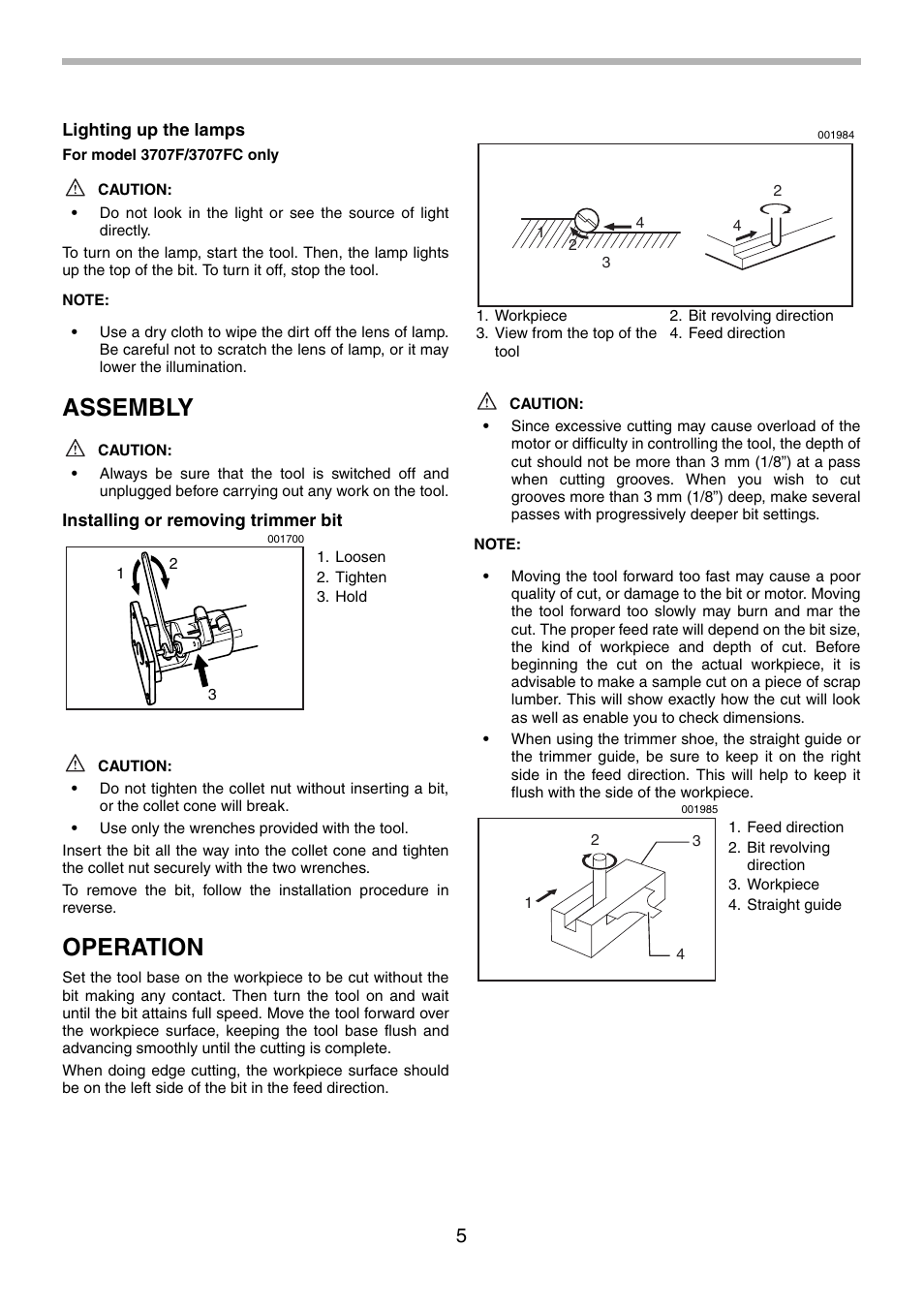 Assembly, Operation | Makita 3707F User Manual | Page 5 / 28