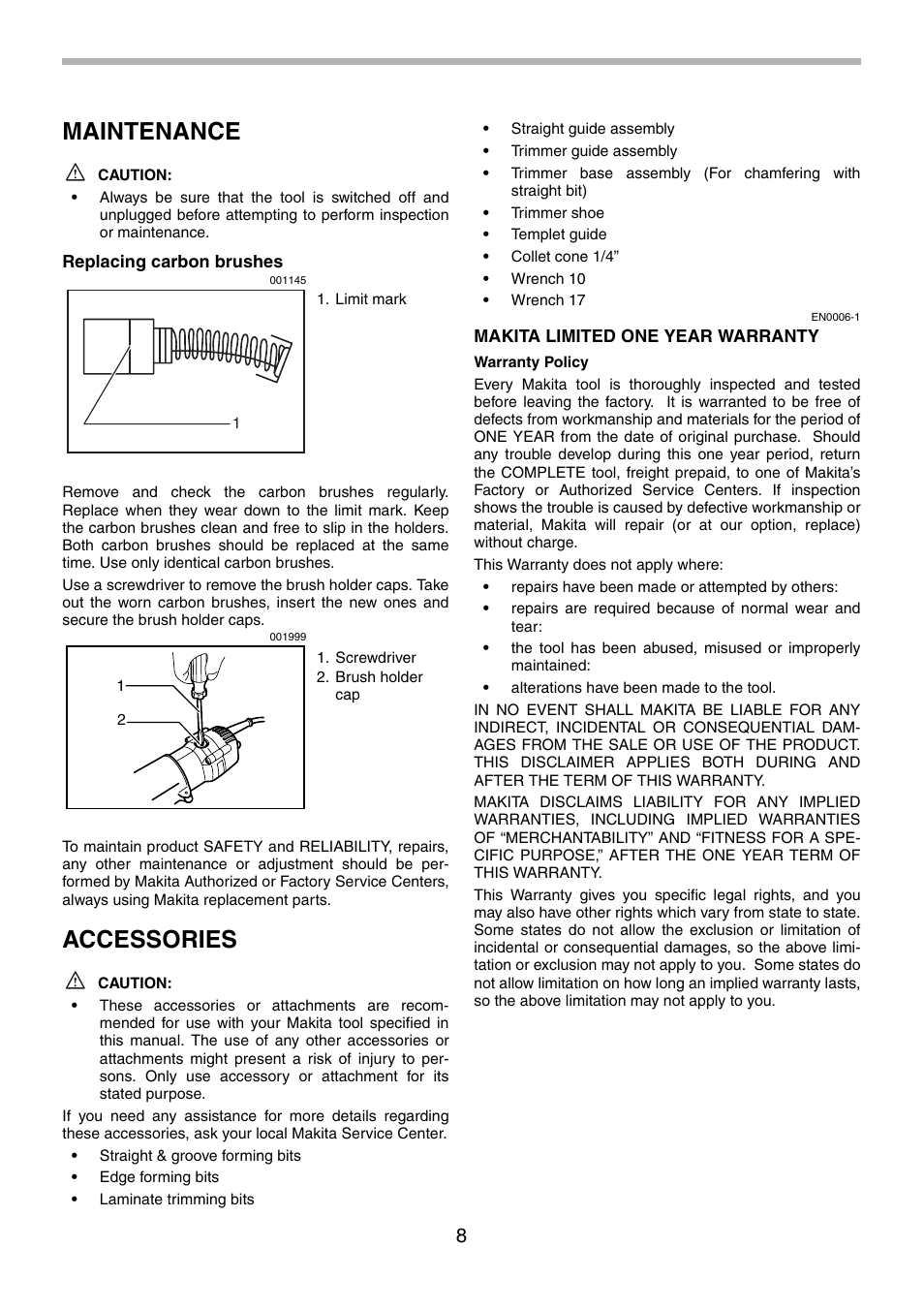 Maintenance, Accessories | Makita 3707F User Manual | Page 8 / 28