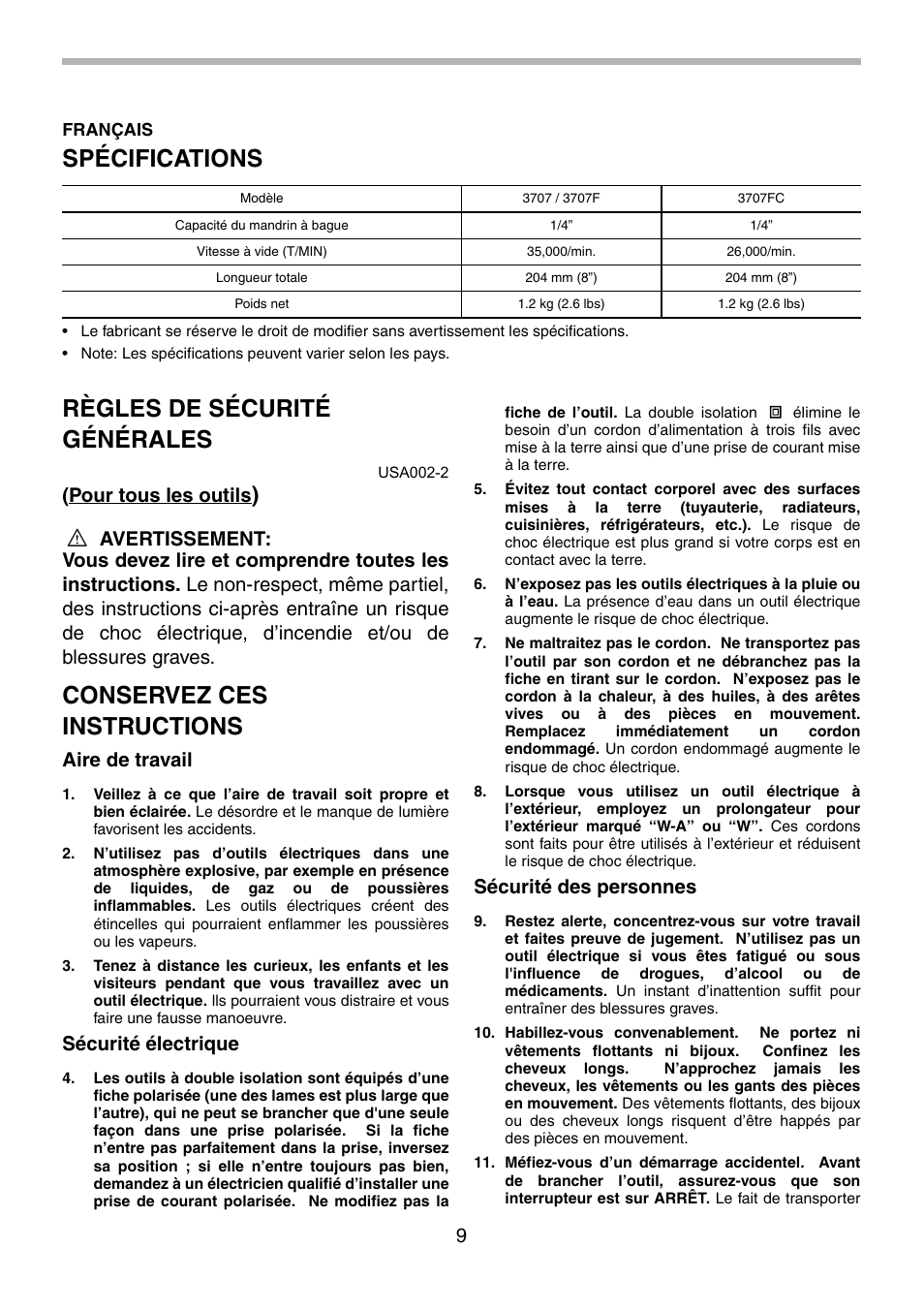 Spécifications, Règles de sécurité générales, Conservez ces instructions | Pour tous les outils, Aire de travail, Sécurité électrique, Sécurité des personnes | Makita 3707F User Manual | Page 9 / 28