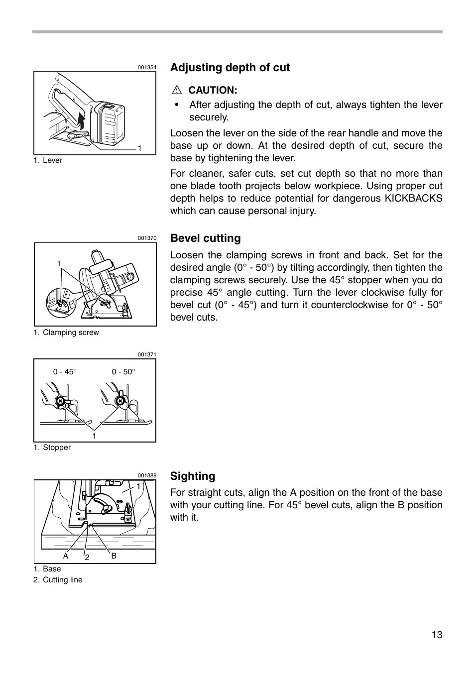 Adjusting depth of cut, Bevel cutting, Sighting | Makita BSS730 User Manual | Page 13 / 24
