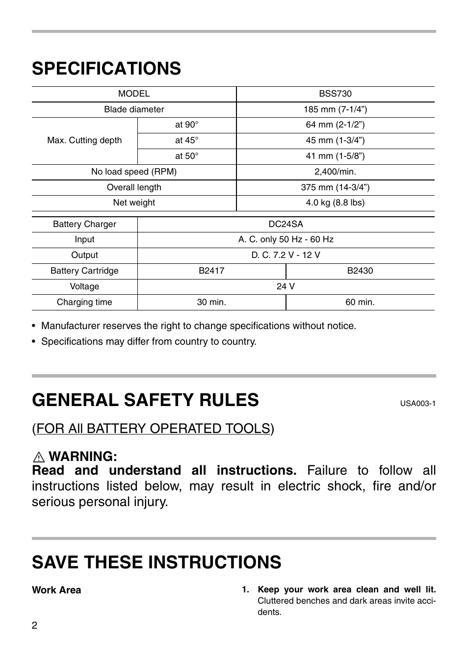 Specifications, General safety rules, Save these instructions | Makita BSS730 User Manual | Page 2 / 24