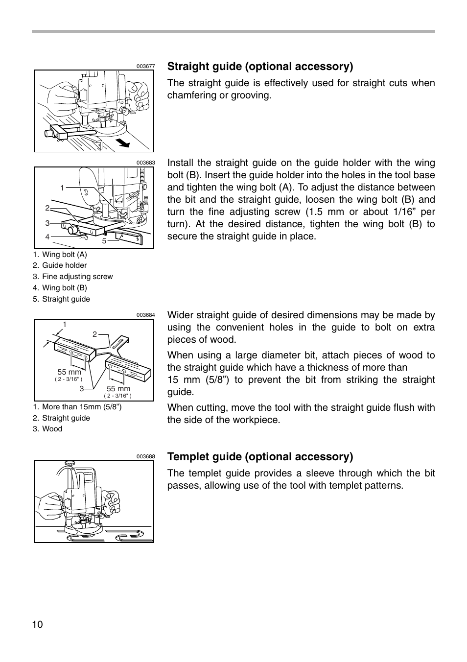 Straight guide (optional accessory), Templet guide (optional accessory) | Makita 3612C User Manual | Page 10 / 20