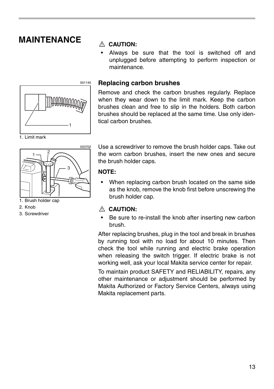 Maintenance, Replacing carbon brushes | Makita 3612C User Manual | Page 13 / 20