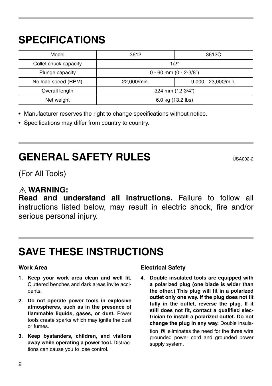 Specifications, General safety rules, Save these instructions | Makita 3612C User Manual | Page 2 / 20