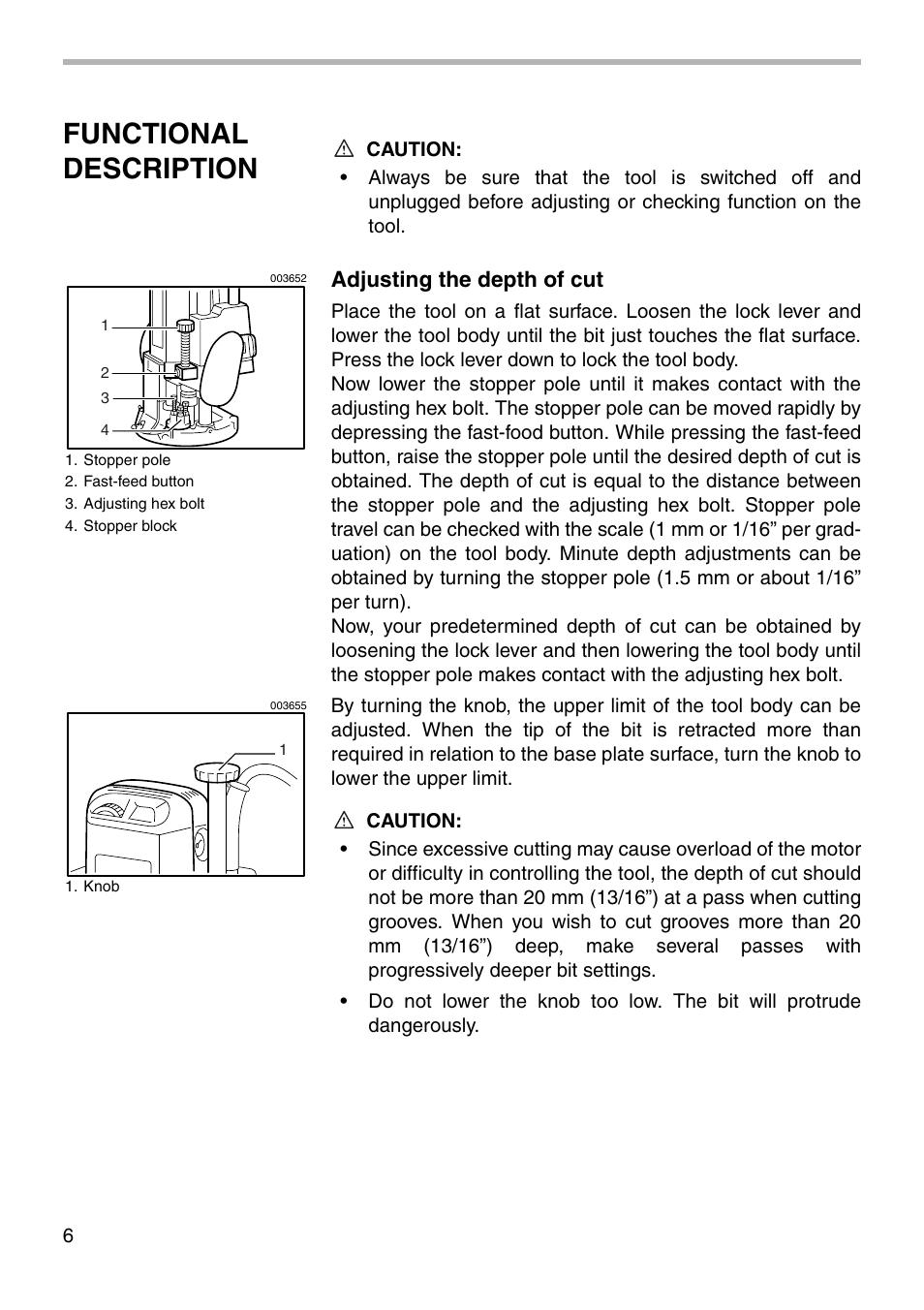 Functional description, Adjusting the depth of cut | Makita 3612C User Manual | Page 6 / 20