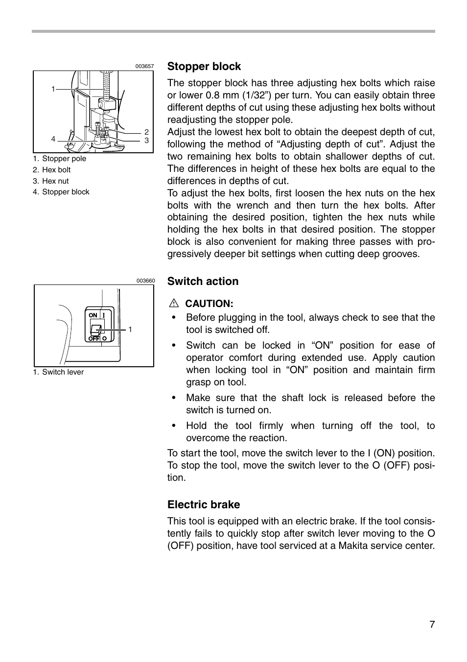 Stopper block, Switch action, Electric brake | Makita 3612C User Manual | Page 7 / 20