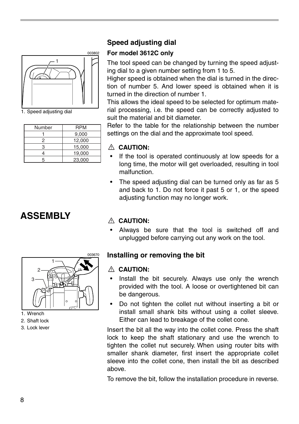 Assembly, Speed adjusting dial, Installing or removing the bit | Makita 3612C User Manual | Page 8 / 20