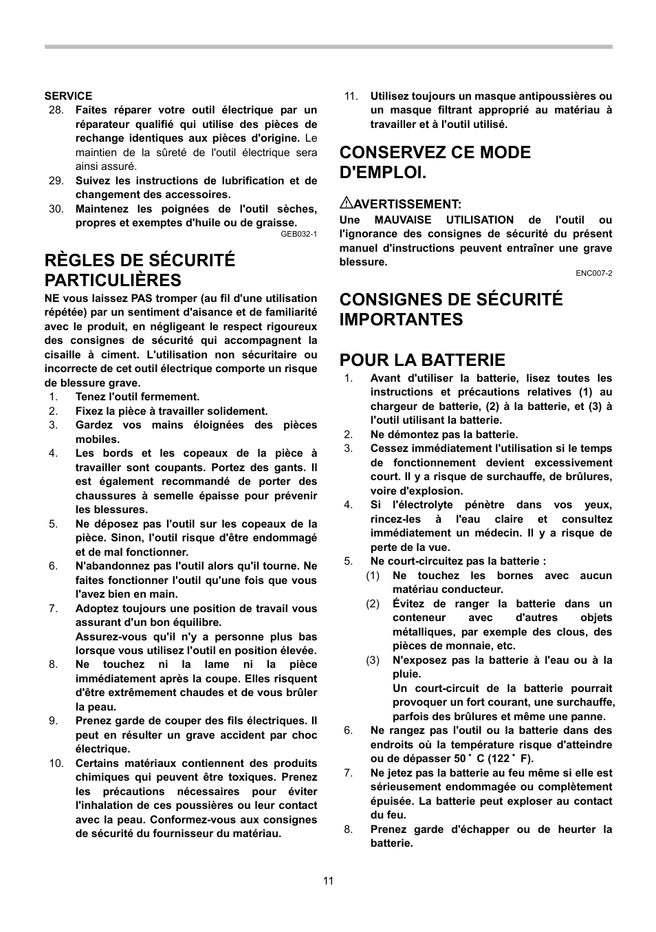 Règles de sécurité particulières, Conservez ce mode d'emploi, Consignes de sécurité importantes | Pour la batterie | Makita BJS130 User Manual | Page 11 / 28