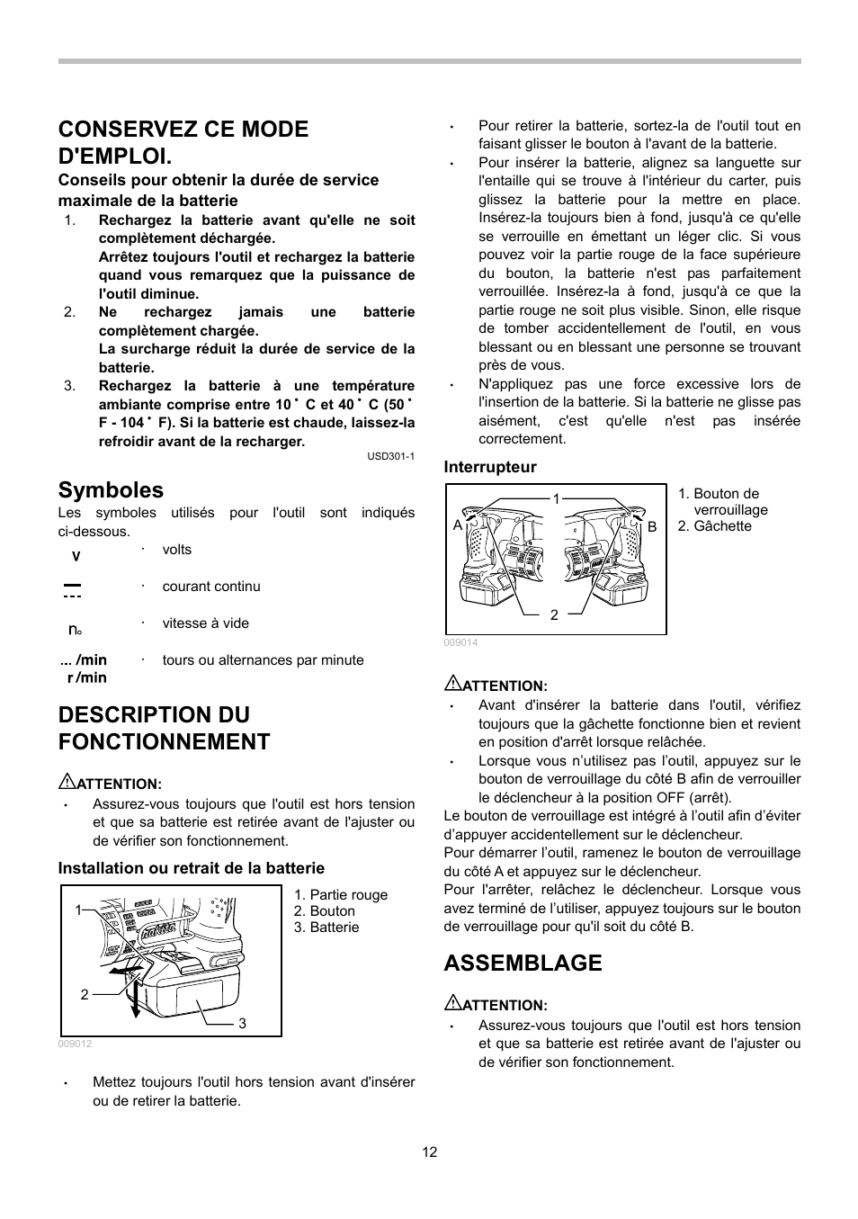 Conservez ce mode d'emploi, Symboles, Description du fonctionnement | Assemblage | Makita BJS130 User Manual | Page 12 / 28