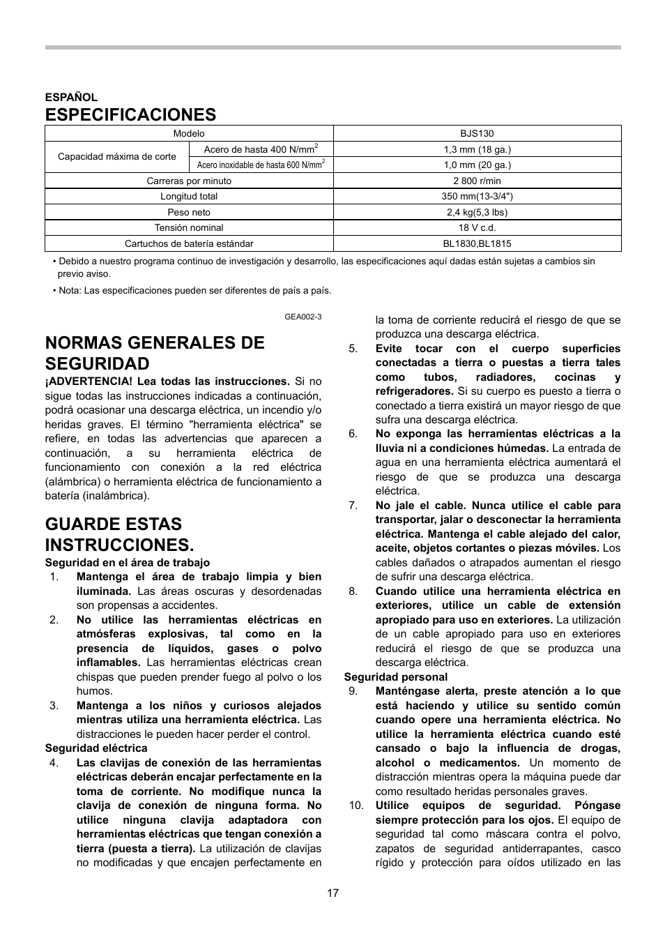 Especificaciones, Normas generales de seguridad, Guarde estas instrucciones | Makita BJS130 User Manual | Page 17 / 28