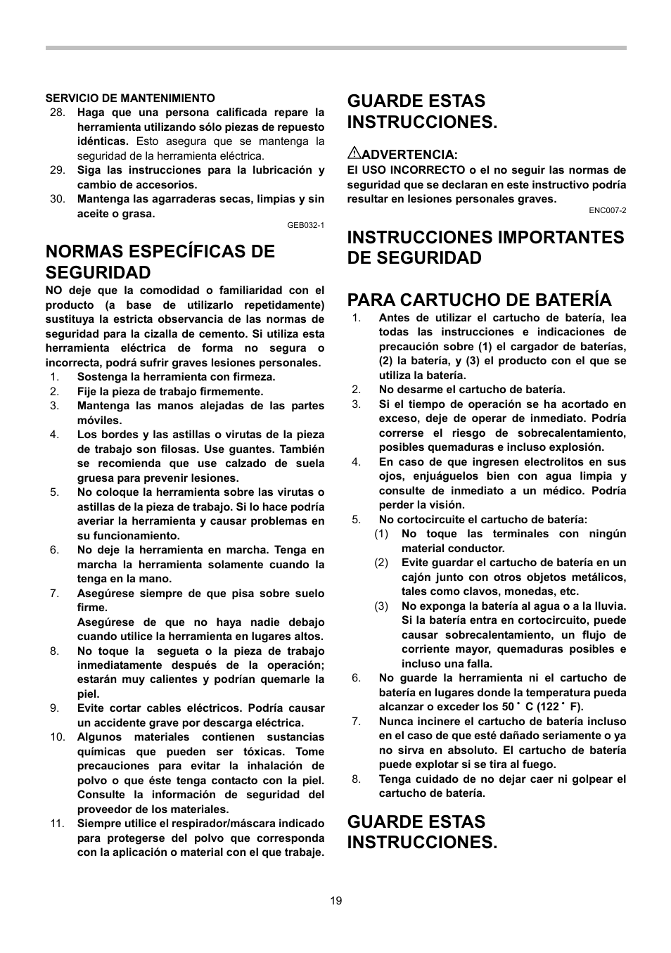 Normas específicas de seguridad, Guarde estas instrucciones, Instrucciones importantes de seguridad | Para cartucho de batería | Makita BJS130 User Manual | Page 19 / 28