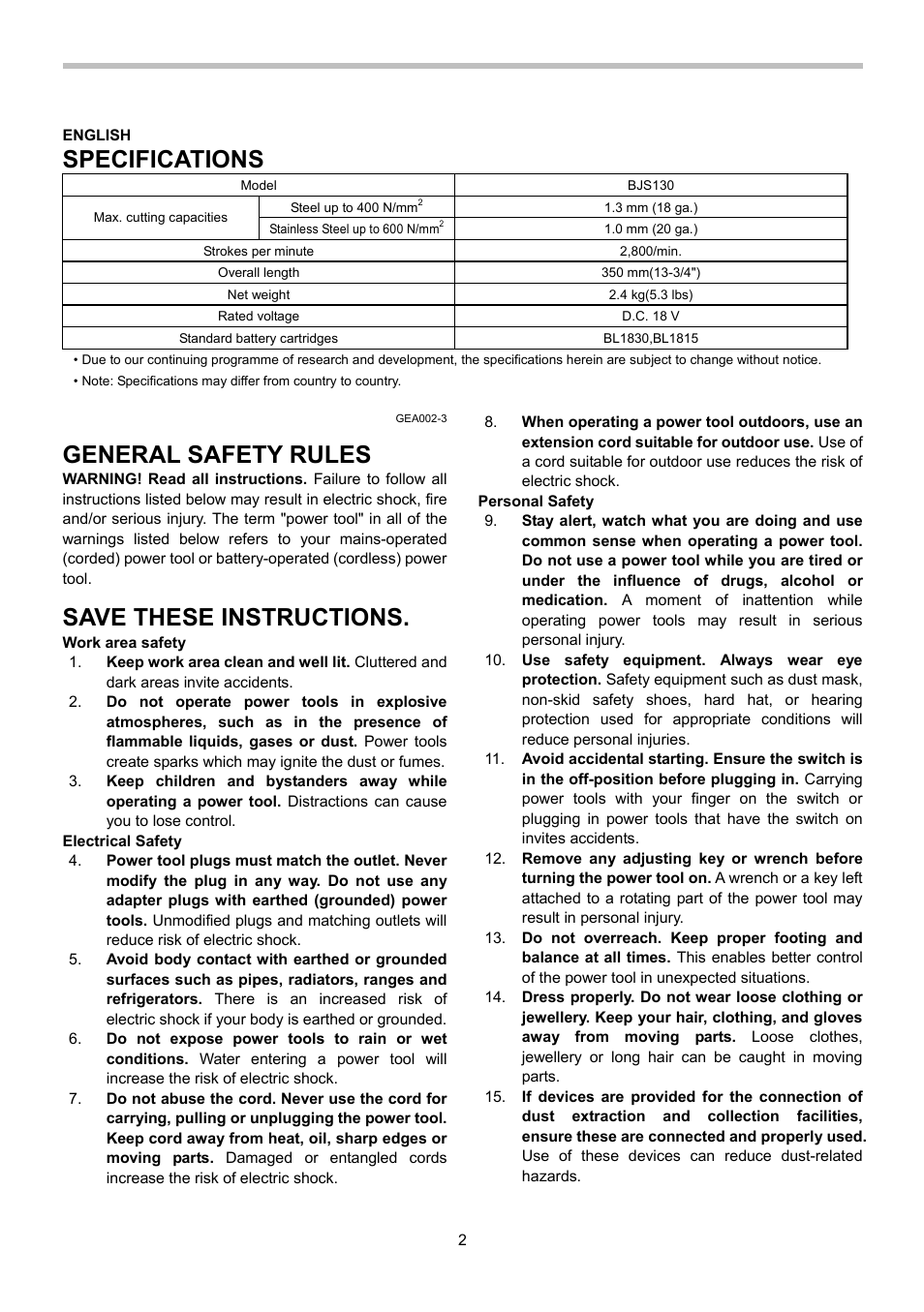 Specifications, General safety rules, Save these instructions | Makita BJS130 User Manual | Page 2 / 28