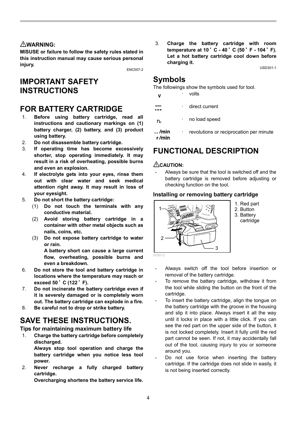 Important safety instructions, For battery cartridge, Save these instructions | Symbols, Functional description | Makita BJS130 User Manual | Page 4 / 28