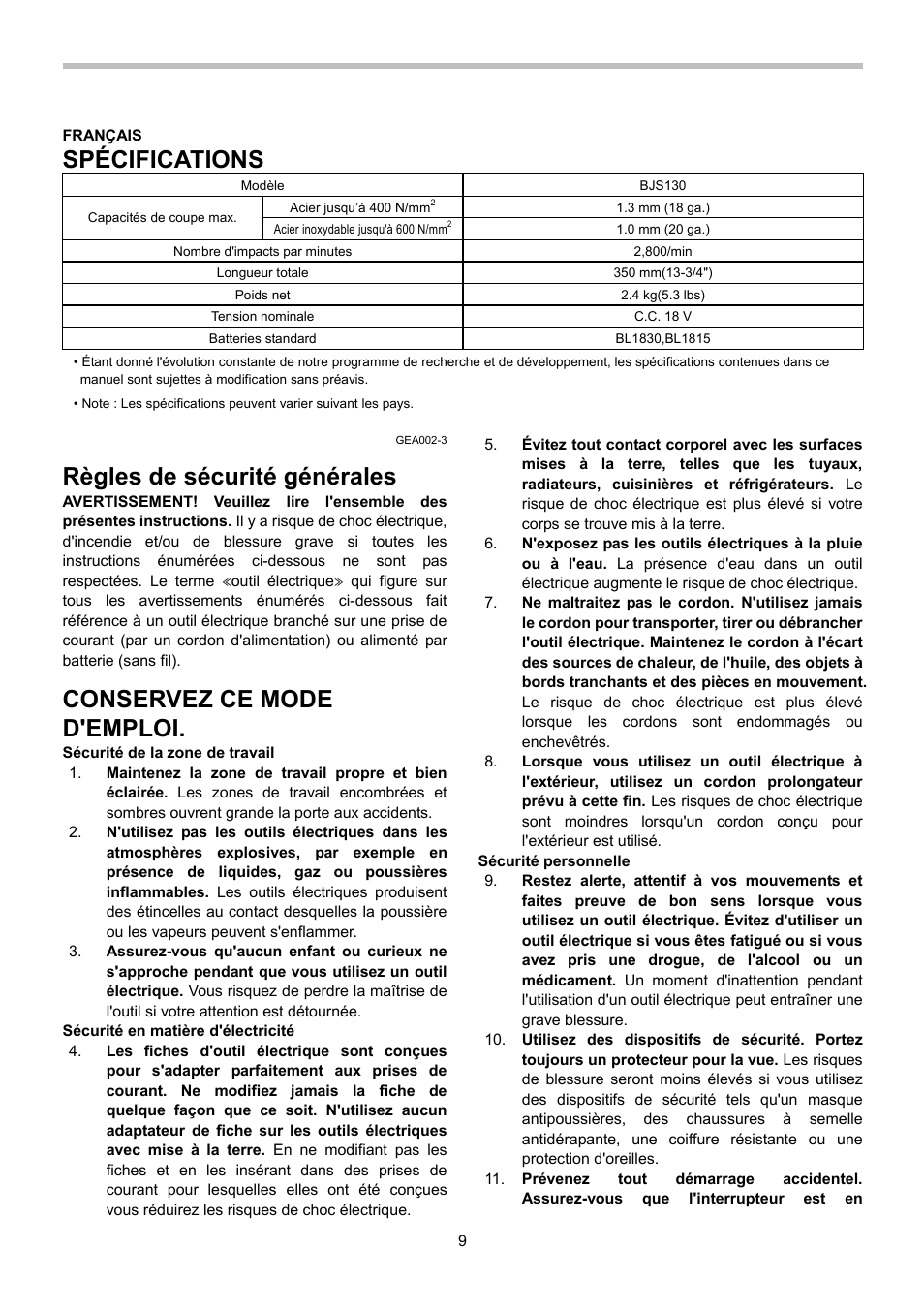 Spécifications, Règles de sécurité générales, Conservez ce mode d'emploi | Makita BJS130 User Manual | Page 9 / 28