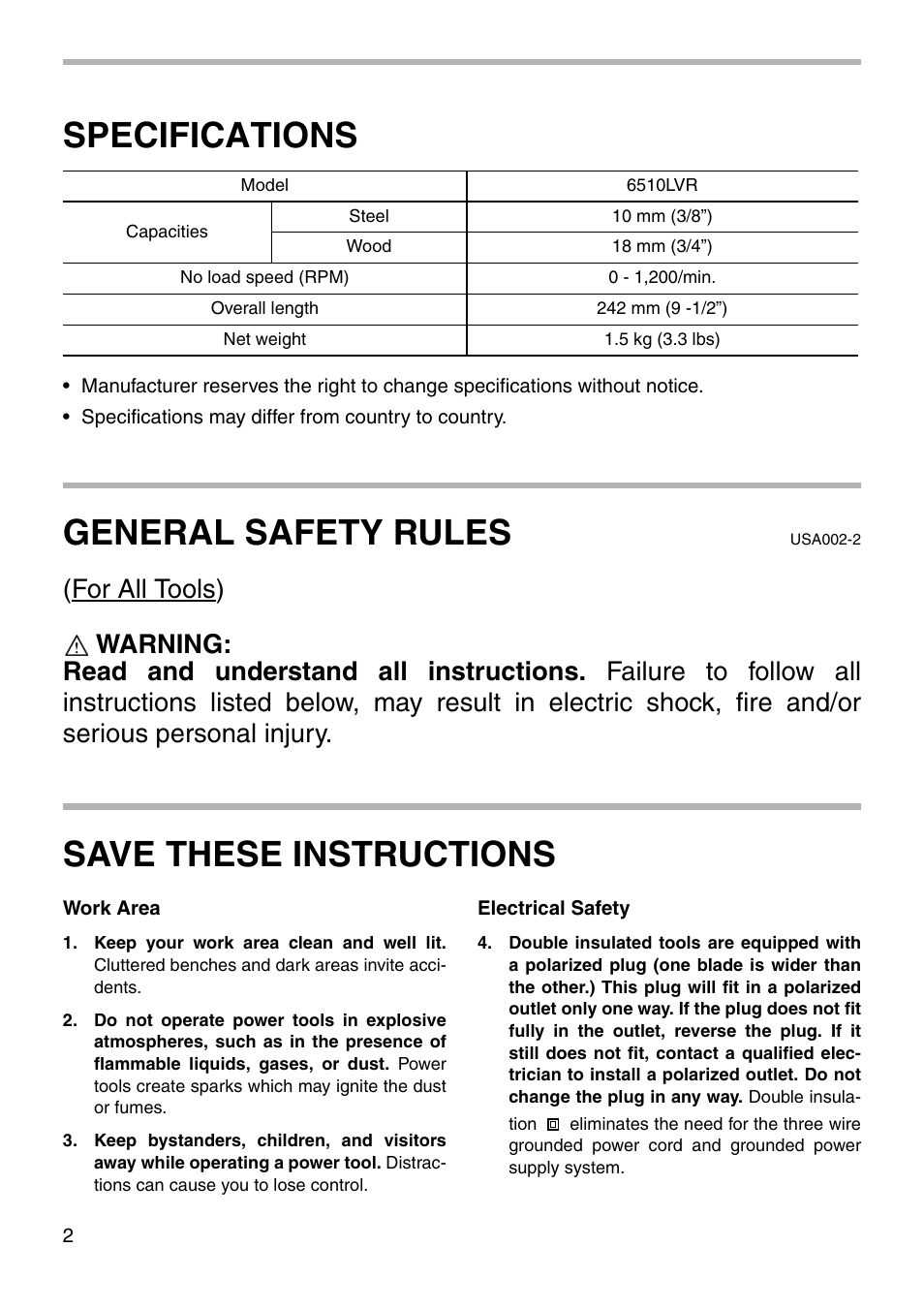 Specifications, General safety rules, Save these instructions | Makita 6510LVR User Manual | Page 2 / 12