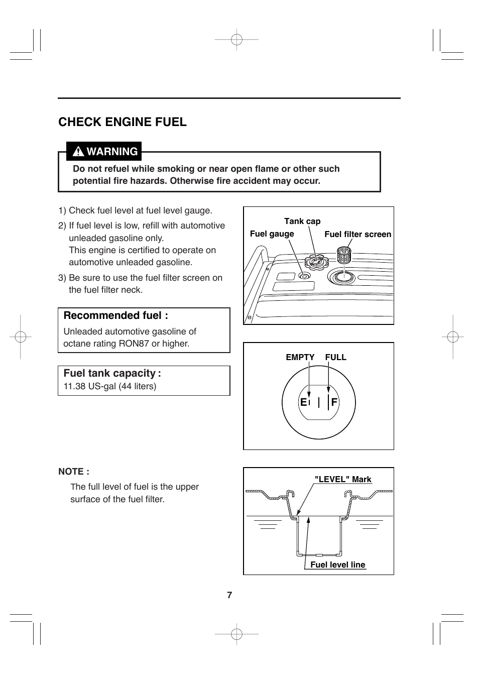 Check engine fuel, Warning recommended fuel, Fuel tank capacity | Makita G12010R User Manual | Page 18 / 44
