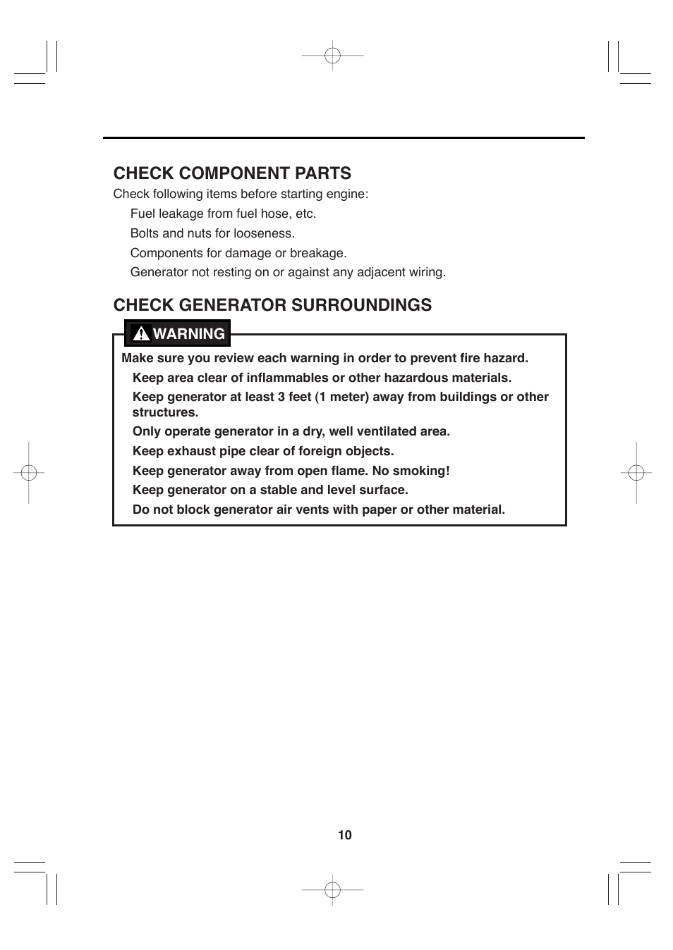 Check component parts, Check generator surroundings | Makita G12010R User Manual | Page 21 / 44