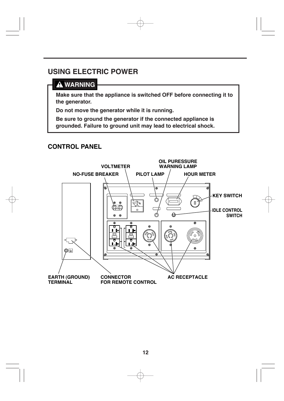 Using electric power, Warning control panel | Makita G12010R User Manual | Page 23 / 44