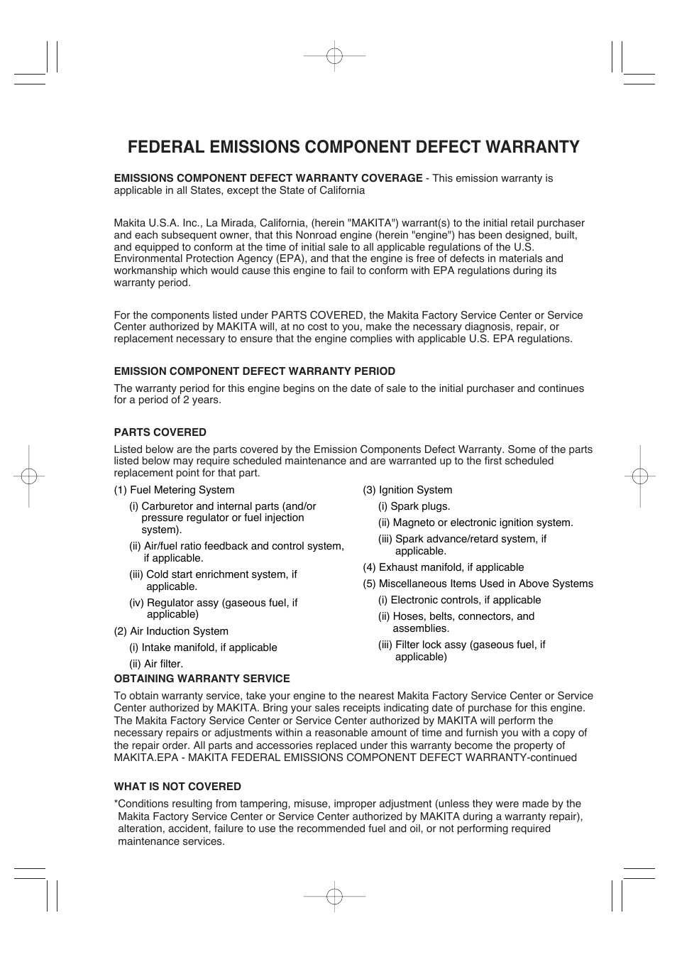 Federal emissions component defect warranty | Makita G12010R User Manual | Page 3 / 44