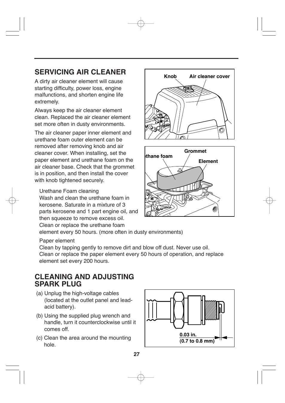 Servicing air cleaner, Cleaning and adjusting spark plug | Makita G12010R User Manual | Page 38 / 44