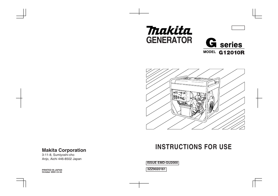 Generator, Instructions for use, Makita corporation | Makita G12010R User Manual | Page 44 / 44