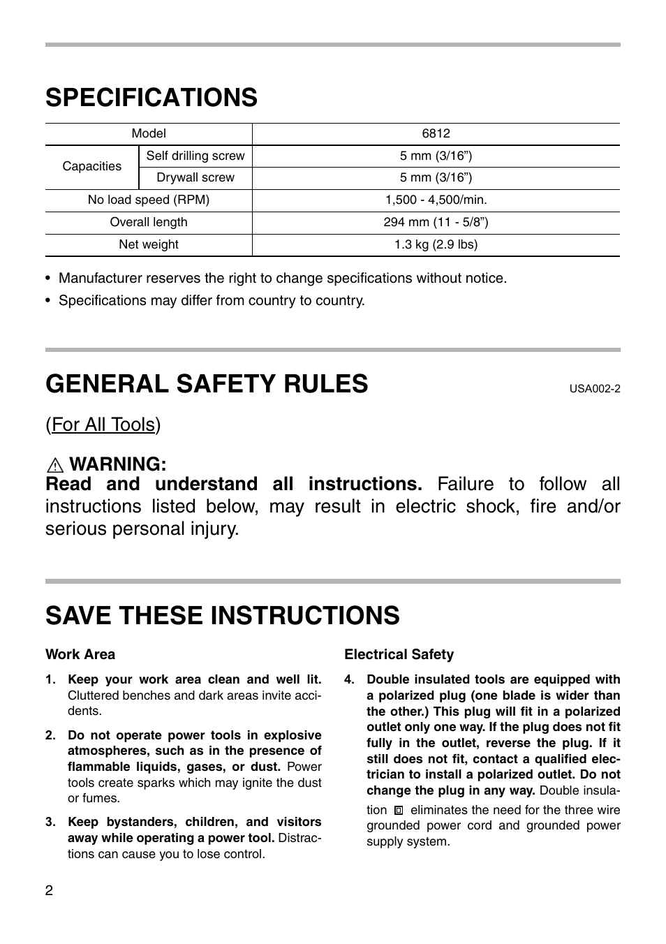 Specifications, General safety rules, Save these instructions | Makita 6812 User Manual | Page 2 / 16