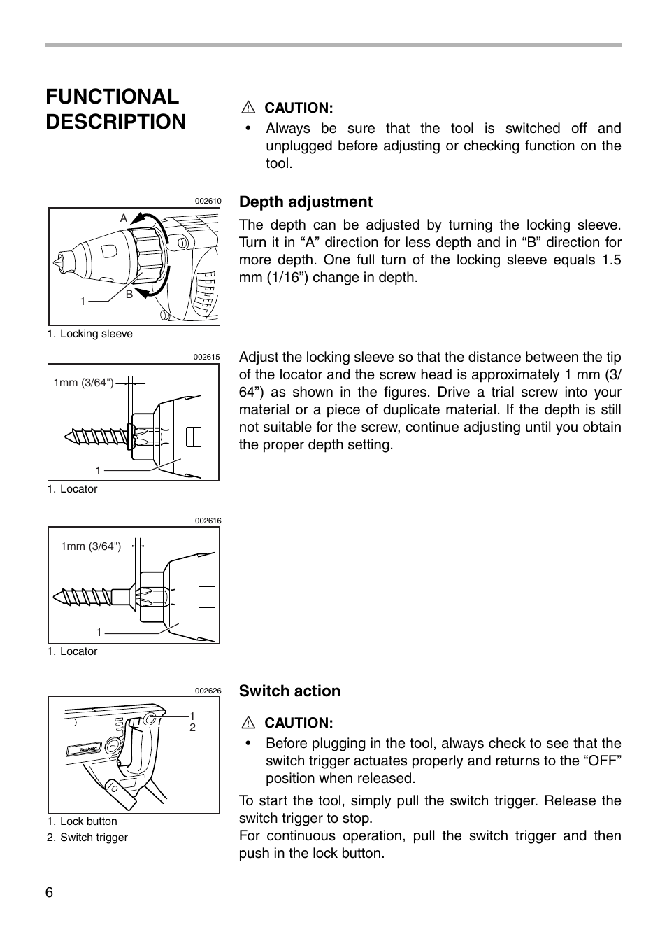 Functional description, Depth adjustment, Switch action | Makita 6812 User Manual | Page 6 / 16