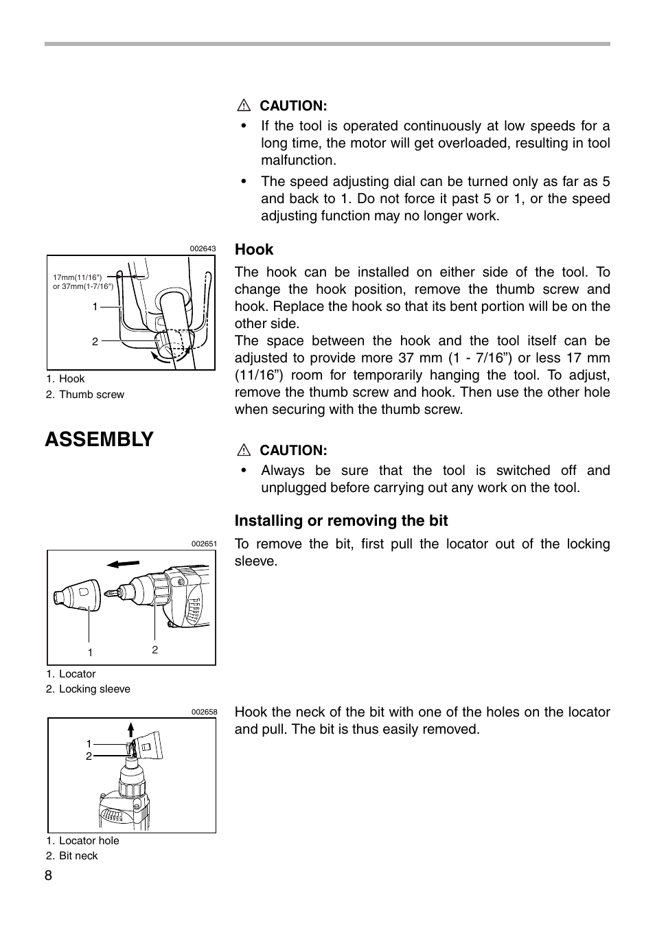 Assembly, Hook, Installing or removing the bit | Makita 6812 User Manual | Page 8 / 16